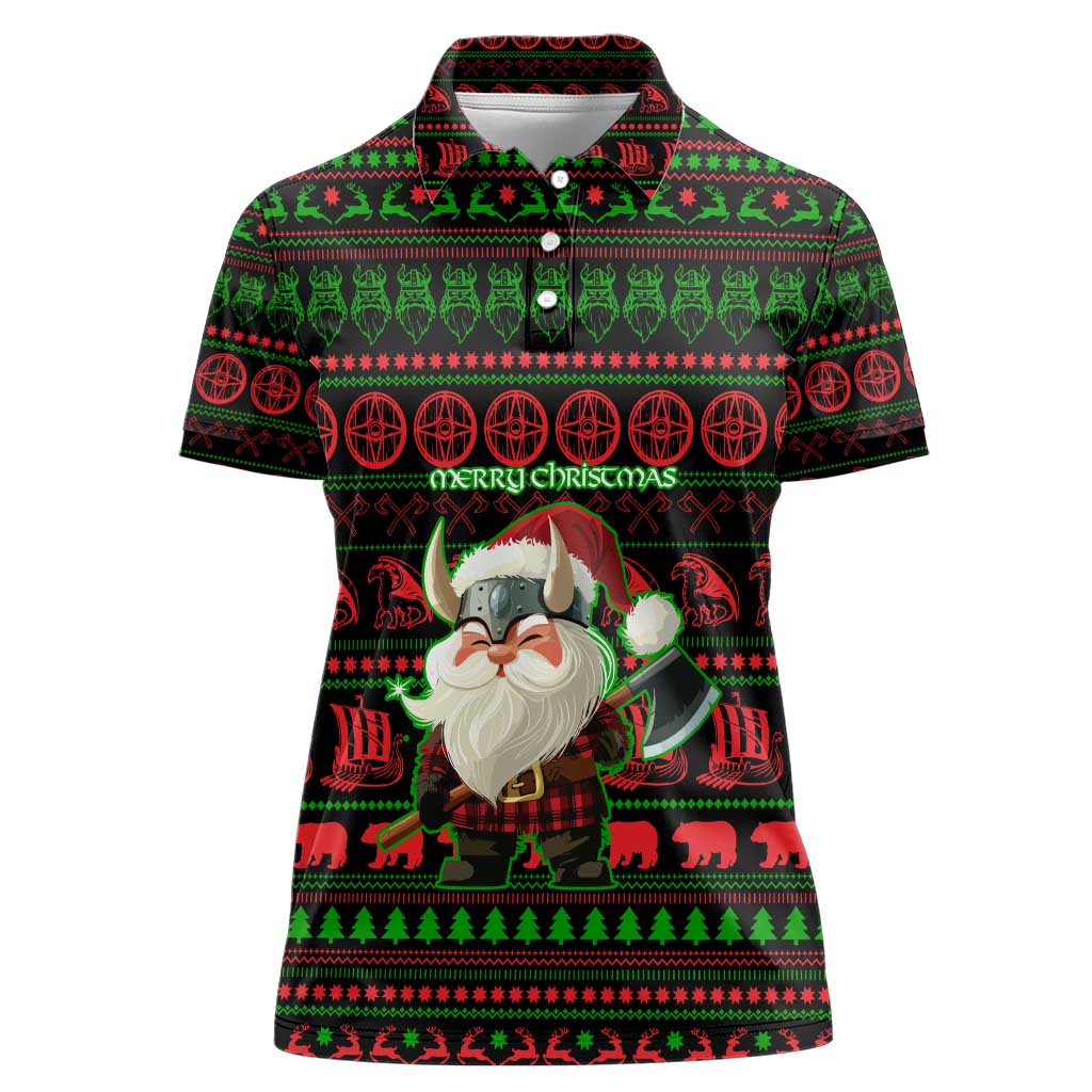 Viking Christmas Women Polo Shirt with Santa Warrior Axe Nordic Symbols Red Green Black Knit Pattern Design - Wonder Print Shop