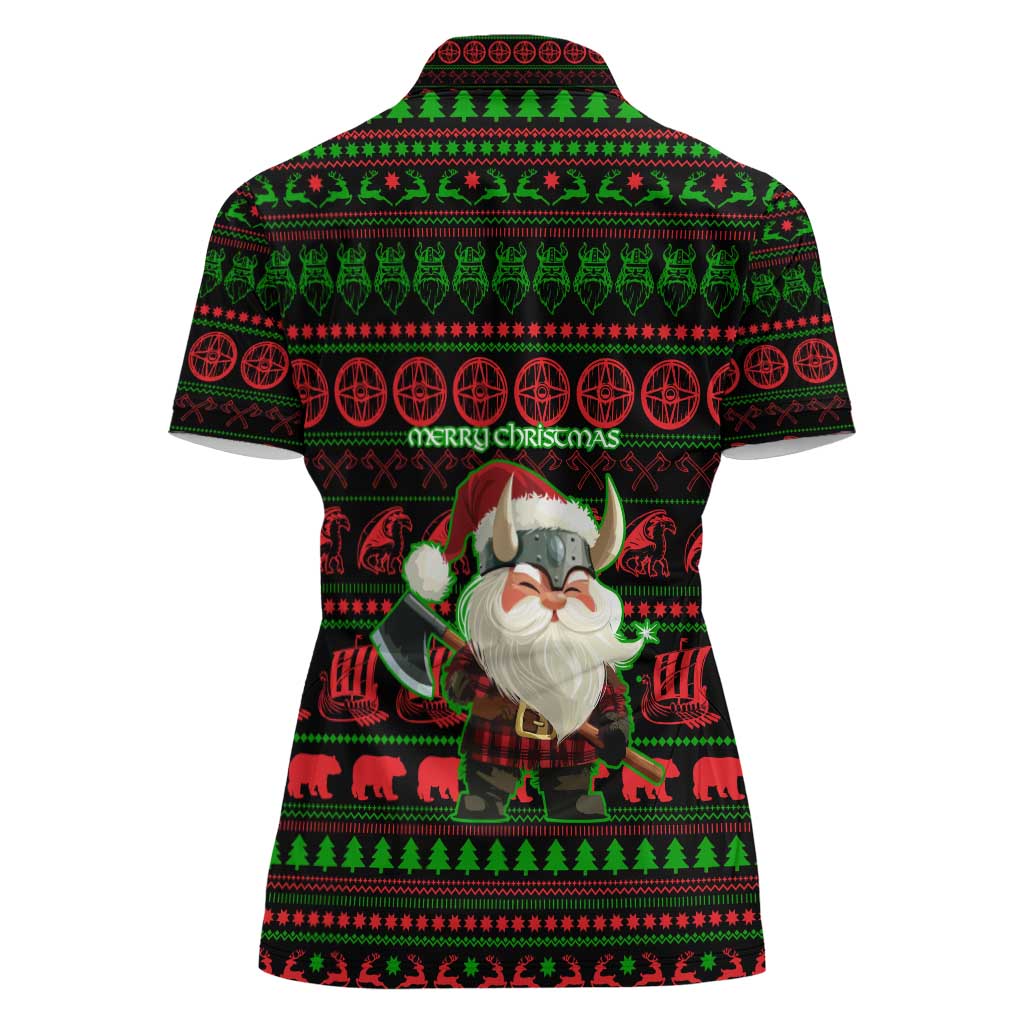 Viking Christmas Women Polo Shirt with Santa Warrior Axe Nordic Symbols Red Green Black Knit Pattern Design - Wonder Print Shop