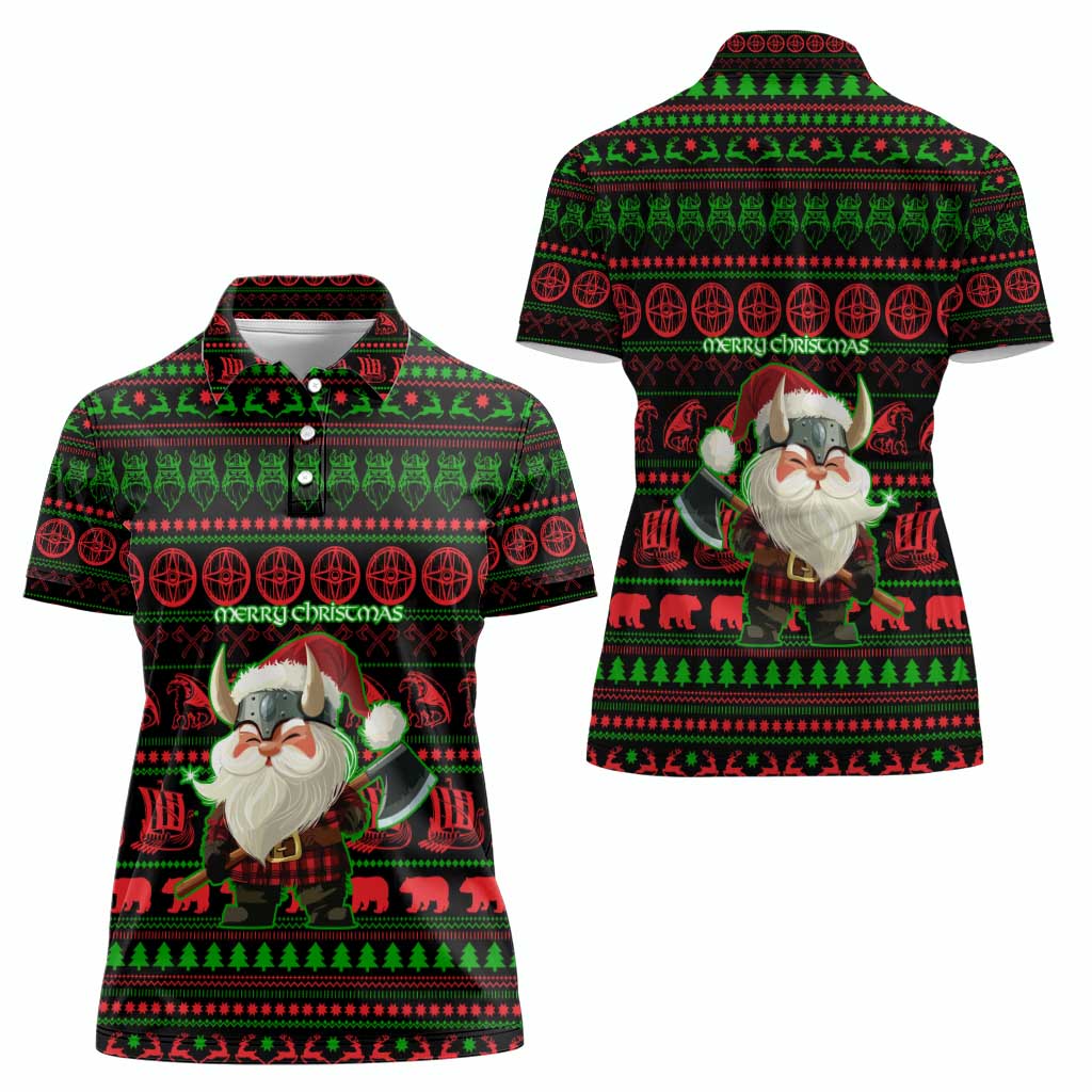 Viking Christmas Women Polo Shirt with Santa Warrior Axe Nordic Symbols Red Green Black Knit Pattern Design - Wonder Print Shop