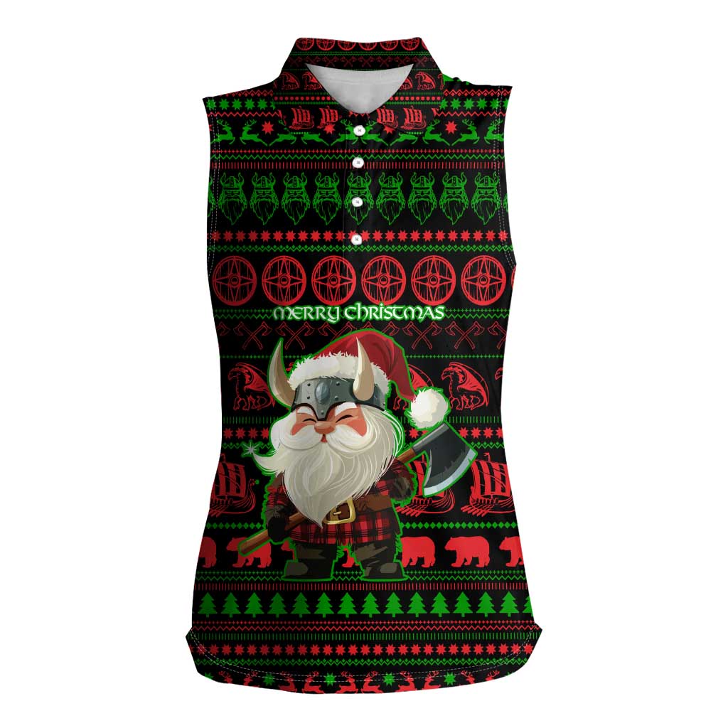 Viking Christmas Women Sleeveless Polo Shirt with Santa Warrior Axe Nordic Symbols Red Green Black Knit Pattern Design - Wonder Print Shop