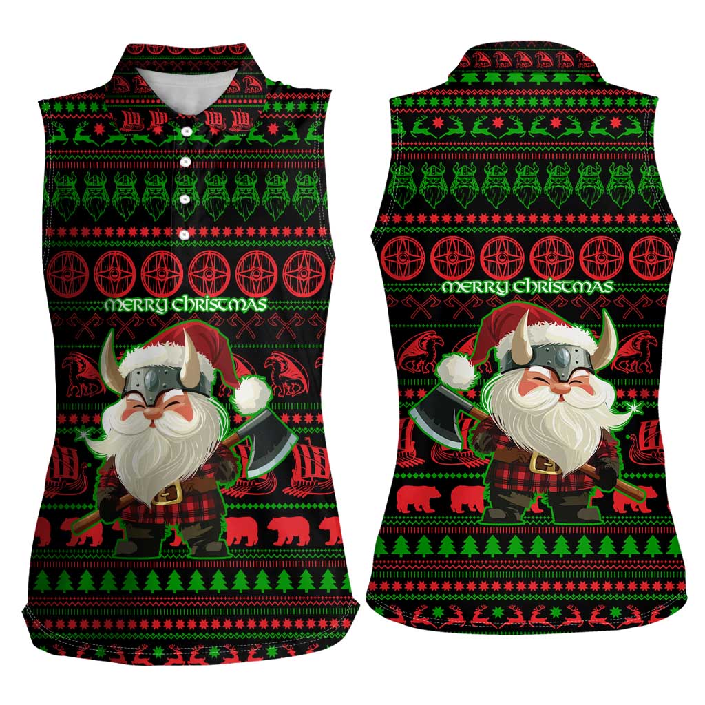 Viking Christmas Women Sleeveless Polo Shirt with Santa Warrior Axe Nordic Symbols Red Green Black Knit Pattern Design - Wonder Print Shop