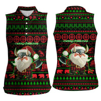 Viking Christmas Women Sleeveless Polo Shirt with Santa Warrior Axe Nordic Symbols Red Green Black Knit Pattern Design - Wonder Print Shop
