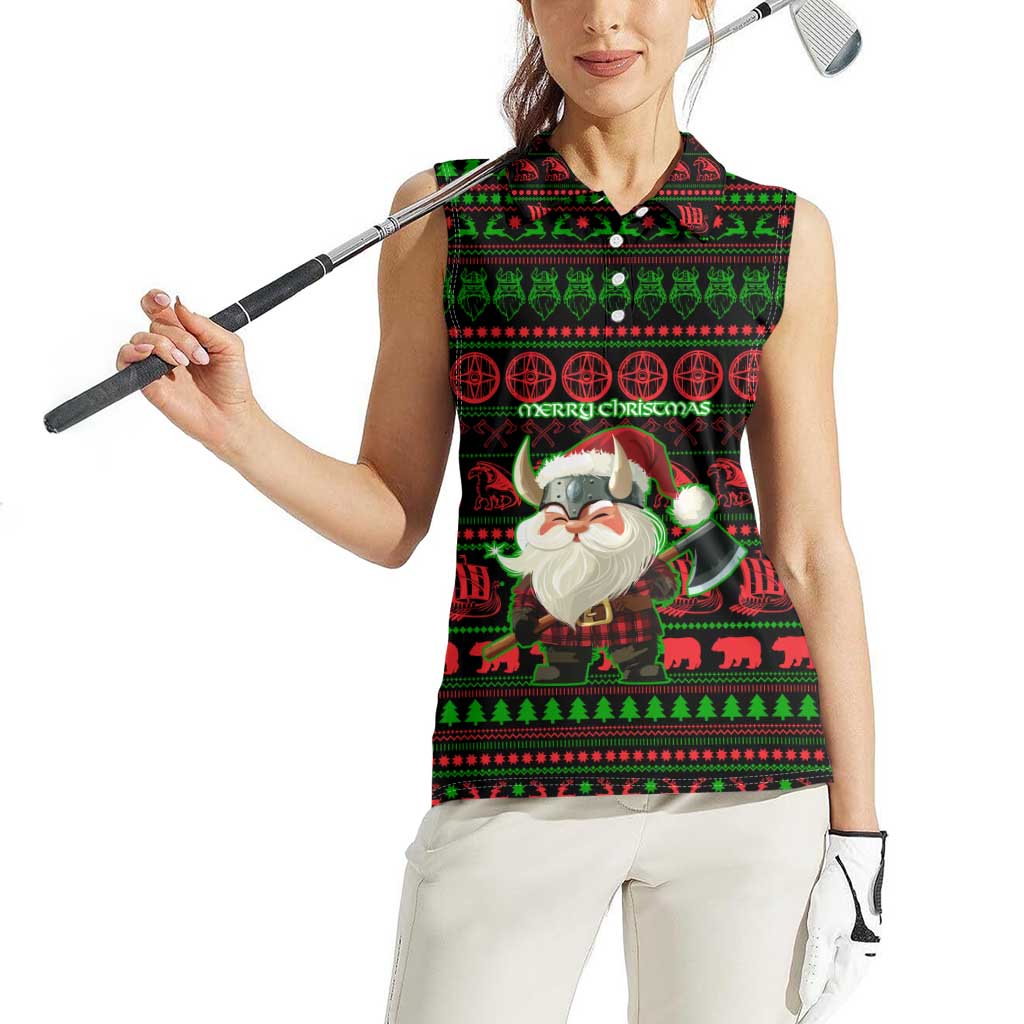 Viking Christmas Women Sleeveless Polo Shirt with Santa Warrior Axe Nordic Symbols Red Green Black Knit Pattern Design - Wonder Print Shop