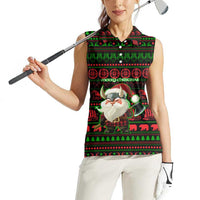 Viking Christmas Women Sleeveless Polo Shirt with Santa Warrior Axe Nordic Symbols Red Green Black Knit Pattern Design - Wonder Print Shop