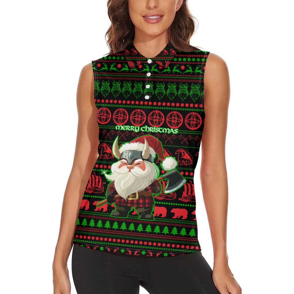 Viking Christmas Women Sleeveless Polo Shirt with Santa Warrior Axe Nordic Symbols Red Green Black Knit Pattern Design - Wonder Print Shop