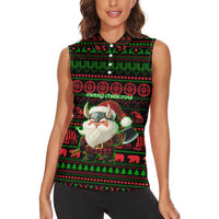 Viking Christmas Women Sleeveless Polo Shirt with Santa Warrior Axe Nordic Symbols Red Green Black Knit Pattern Design - Wonder Print Shop