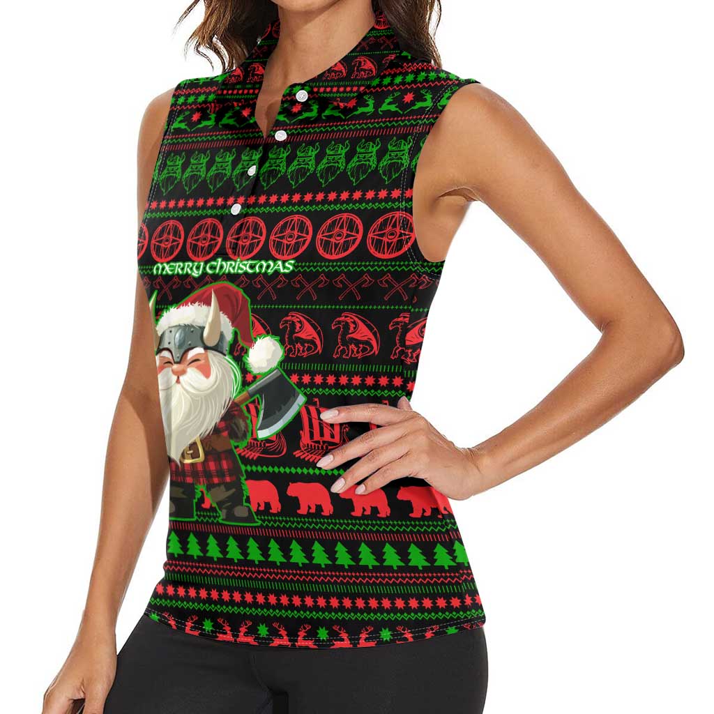 Viking Christmas Women Sleeveless Polo Shirt with Santa Warrior Axe Nordic Symbols Red Green Black Knit Pattern Design - Wonder Print Shop