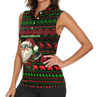 Viking Christmas Women Sleeveless Polo Shirt with Santa Warrior Axe Nordic Symbols Red Green Black Knit Pattern Design - Wonder Print Shop