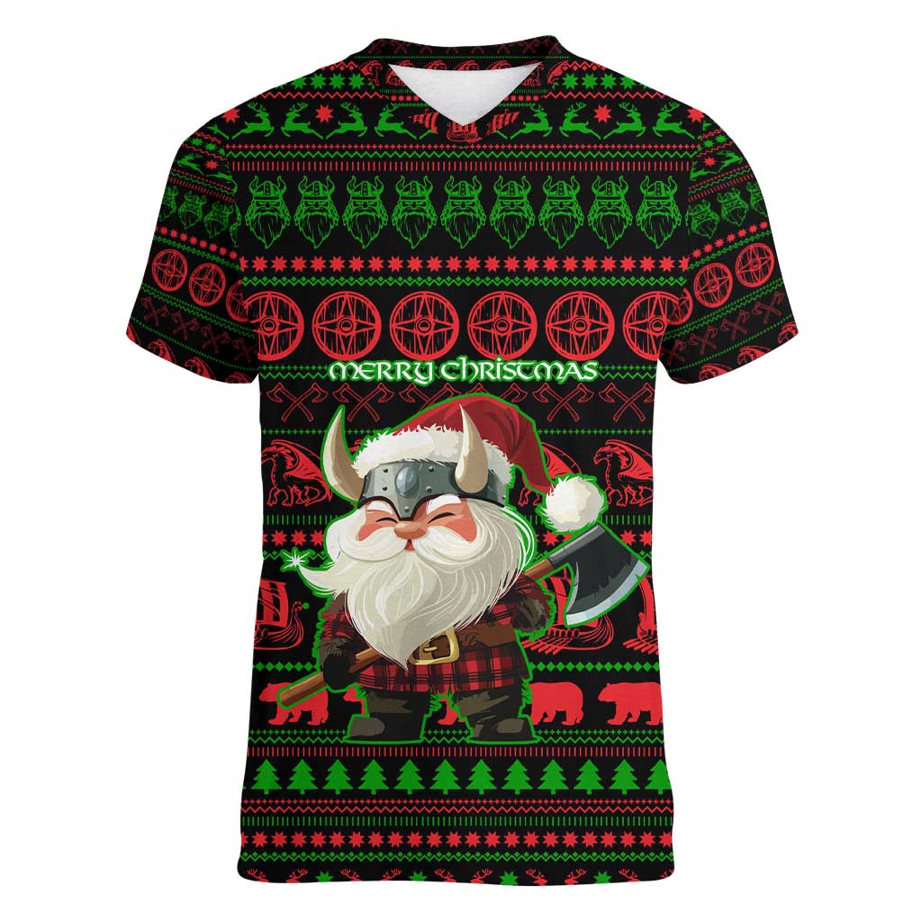 Viking Christmas Women V-Neck T-Shirt with Santa Warrior Axe Nordic Symbols Red Green Black Knit Pattern Design - Wonder Print Shop