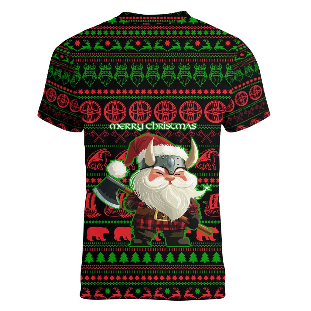 Viking Christmas Women V-Neck T-Shirt with Santa Warrior Axe Nordic Symbols Red Green Black Knit Pattern Design - Wonder Print Shop