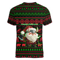 Viking Christmas Women V-Neck T-Shirt with Santa Warrior Axe Nordic Symbols Red Green Black Knit Pattern Design - Wonder Print Shop