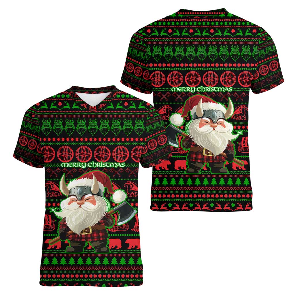 Viking Christmas Women V-Neck T-Shirt with Santa Warrior Axe Nordic Symbols Red Green Black Knit Pattern Design - Wonder Print Shop