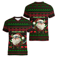 Viking Christmas Women V-Neck T-Shirt with Santa Warrior Axe Nordic Symbols Red Green Black Knit Pattern Design - Wonder Print Shop