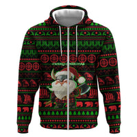 Viking Christmas Zip Hoodie with Santa Warrior Axe Nordic Symbols Red Green Black Knit Pattern Design - Wonder Print Shop