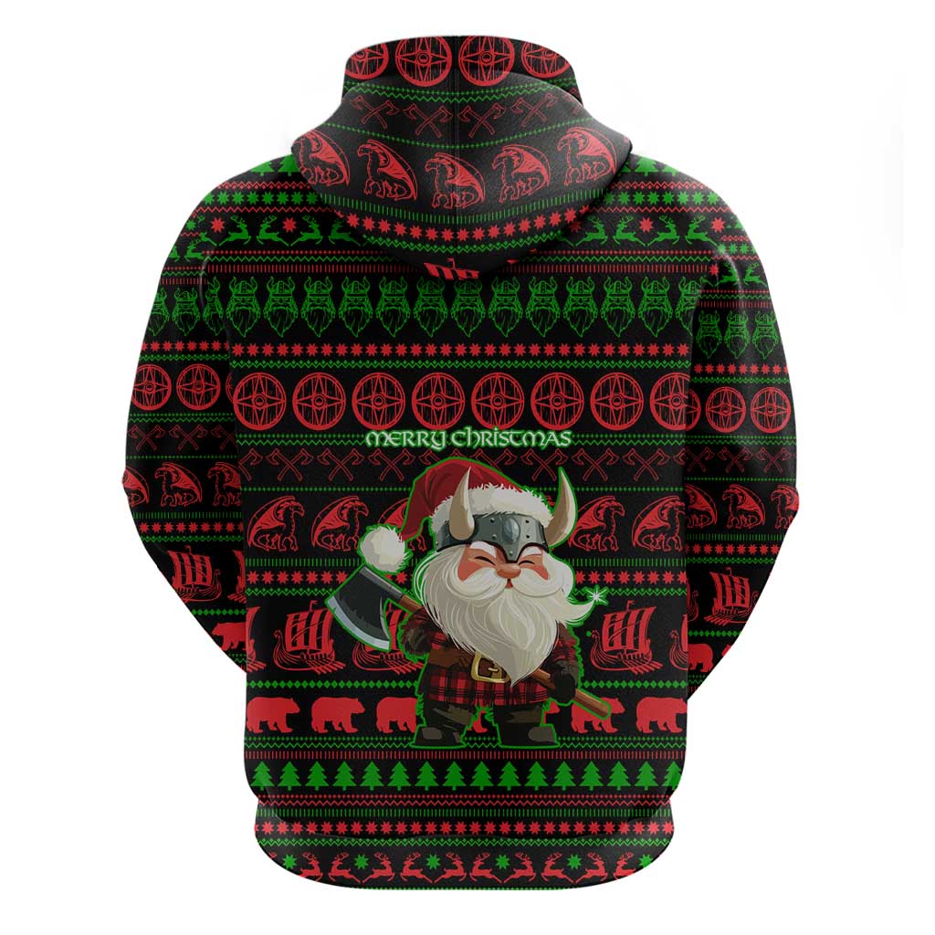 Viking Christmas Zip Hoodie with Santa Warrior Axe Nordic Symbols Red Green Black Knit Pattern Design - Wonder Print Shop