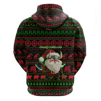 Viking Christmas Zip Hoodie with Santa Warrior Axe Nordic Symbols Red Green Black Knit Pattern Design - Wonder Print Shop