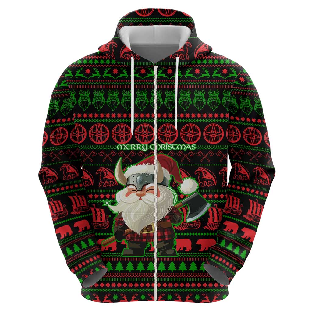 Viking Christmas Zip Hoodie with Santa Warrior Axe Nordic Symbols Red Green Black Knit Pattern Design - Wonder Print Shop
