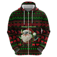Viking Christmas Zip Hoodie with Santa Warrior Axe Nordic Symbols Red Green Black Knit Pattern Design - Wonder Print Shop