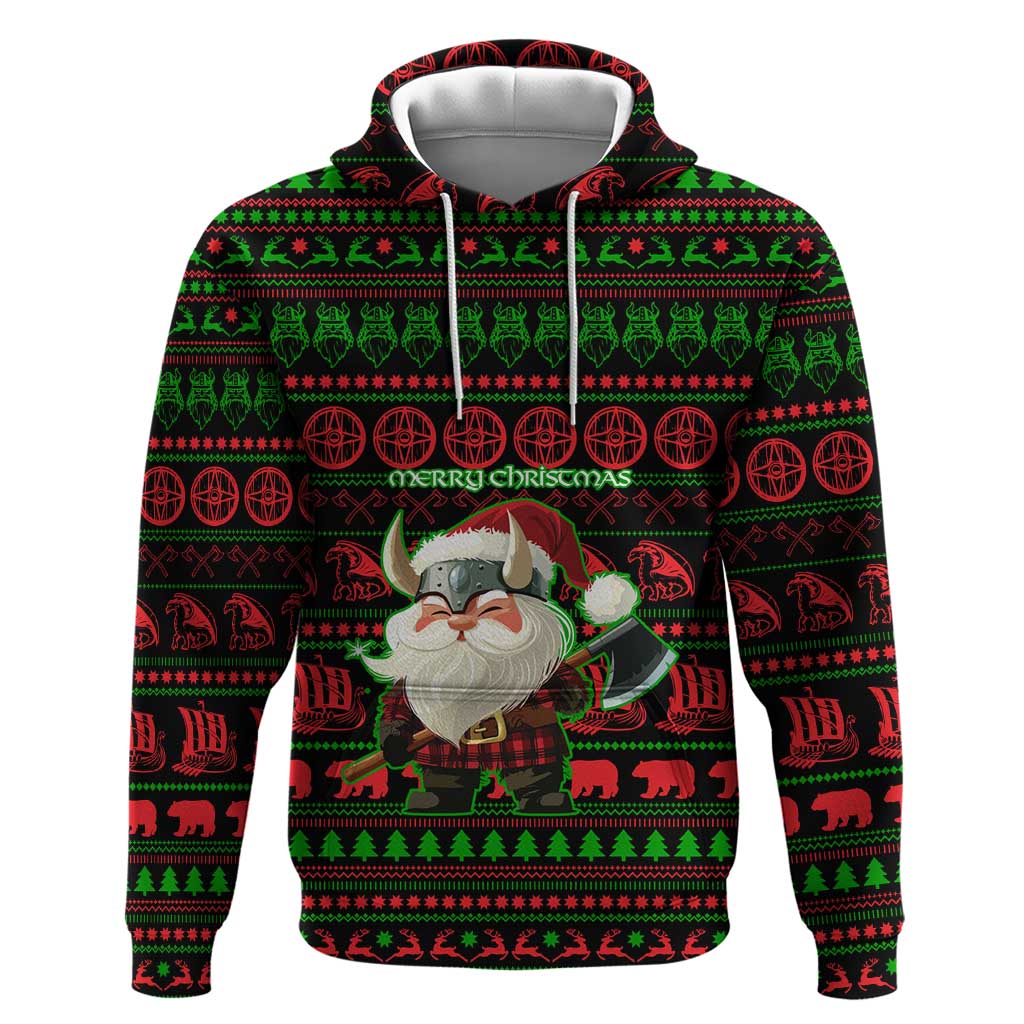 Viking Christmas Zip Hoodie with Santa Warrior Axe Nordic Symbols Red Green Black Knit Pattern Design - Wonder Print Shop