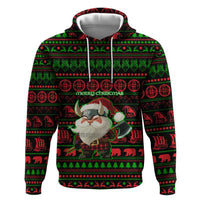 Viking Christmas Zip Hoodie with Santa Warrior Axe Nordic Symbols Red Green Black Knit Pattern Design - Wonder Print Shop