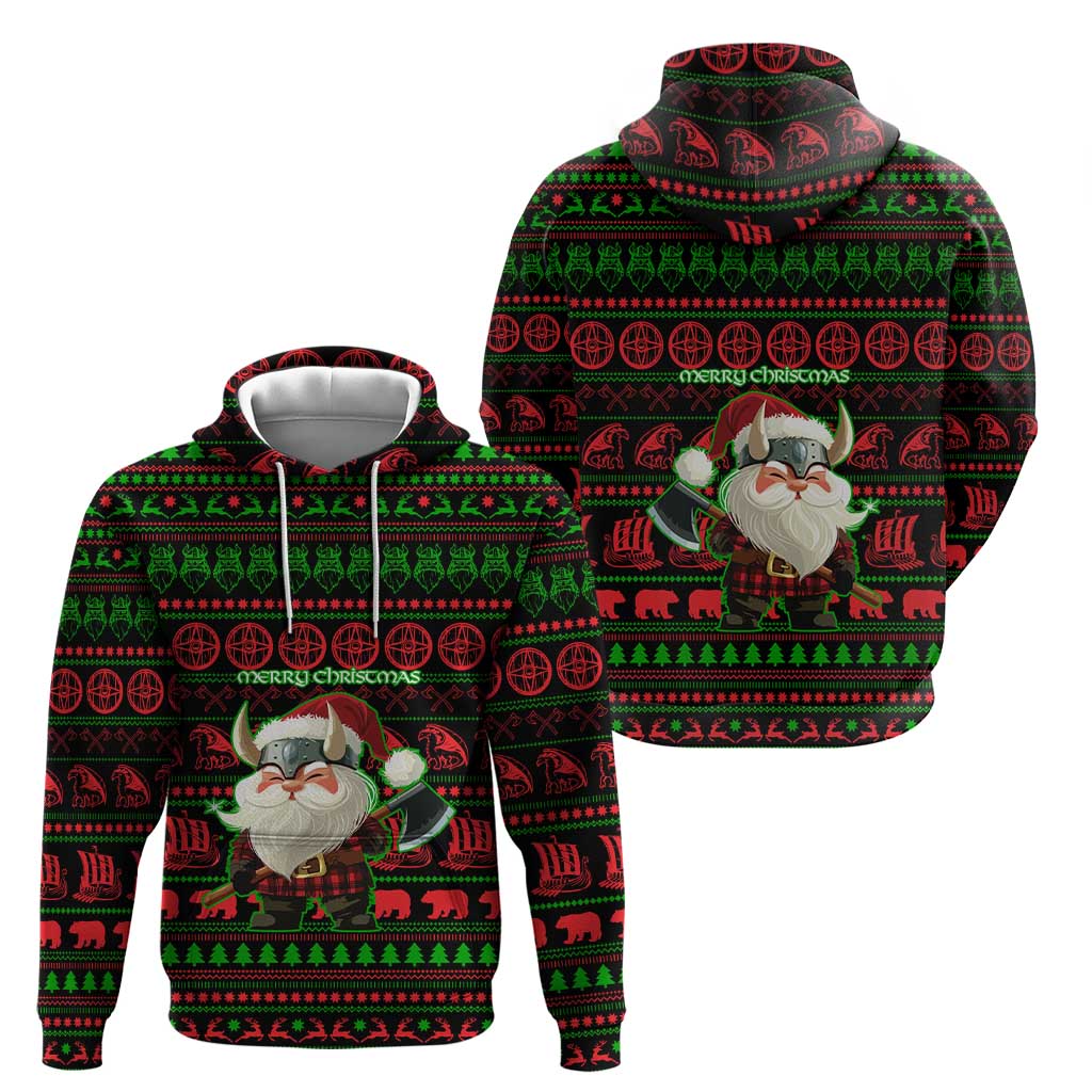 Viking Christmas Zip Hoodie with Santa Warrior Axe Nordic Symbols Red Green Black Knit Pattern Design - Wonder Print Shop