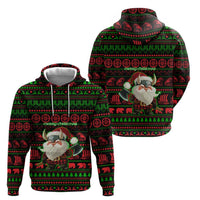 Viking Christmas Zip Hoodie with Santa Warrior Axe Nordic Symbols Red Green Black Knit Pattern Design - Wonder Print Shop
