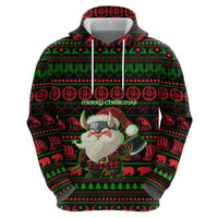 Viking Christmas Zip Hoodie with Santa Warrior Axe Nordic Symbols Red Green Black Knit Pattern Design - Wonder Print Shop