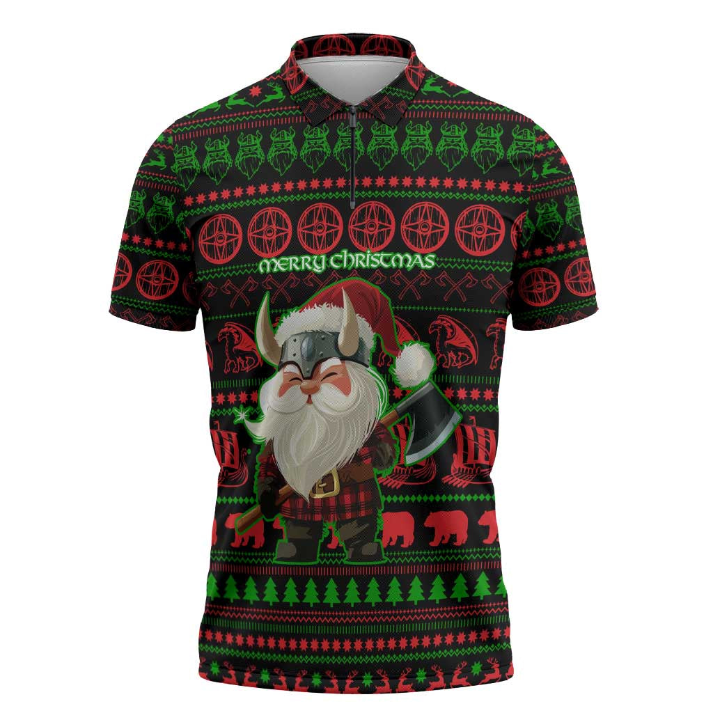 Viking Christmas Zipper Polo Shirt with Santa Warrior Axe Nordic Symbols Red Green Black Knit Pattern Design - Wonder Print Shop