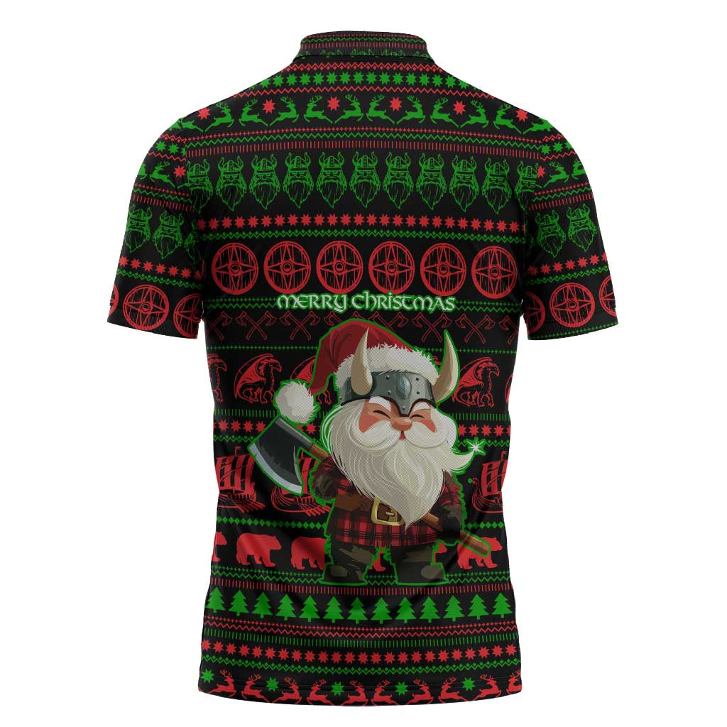 Viking Christmas Zipper Polo Shirt with Santa Warrior Axe Nordic Symbols Red Green Black Knit Pattern Design - Wonder Print Shop