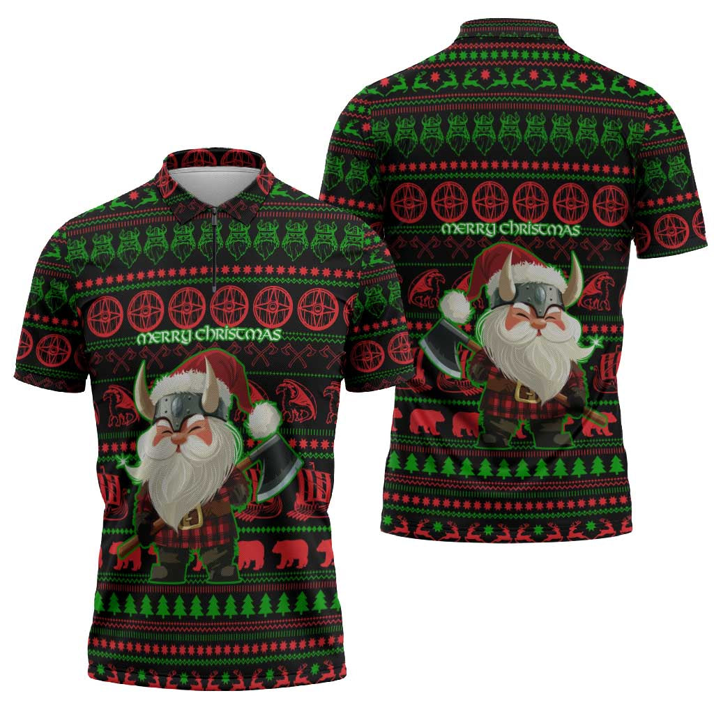 Viking Christmas Zipper Polo Shirt with Santa Warrior Axe Nordic Symbols Red Green Black Knit Pattern Design - Wonder Print Shop