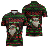 Viking Christmas Zipper Polo Shirt with Santa Warrior Axe Nordic Symbols Red Green Black Knit Pattern Design - Wonder Print Shop