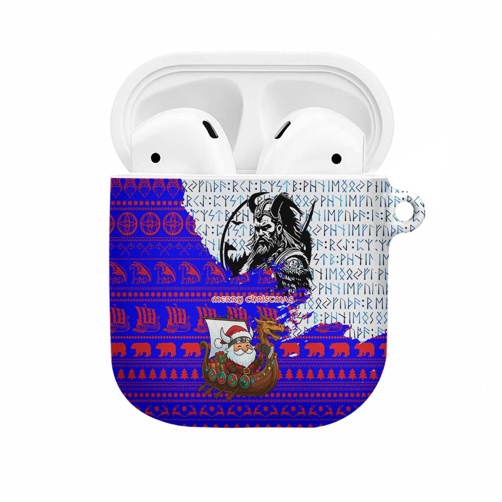 Viking Christmas AirPods Case with Santa in Longship Dragon Head Helmet Runes Blue Red Knit Pattern Design - Wonder Print Shop