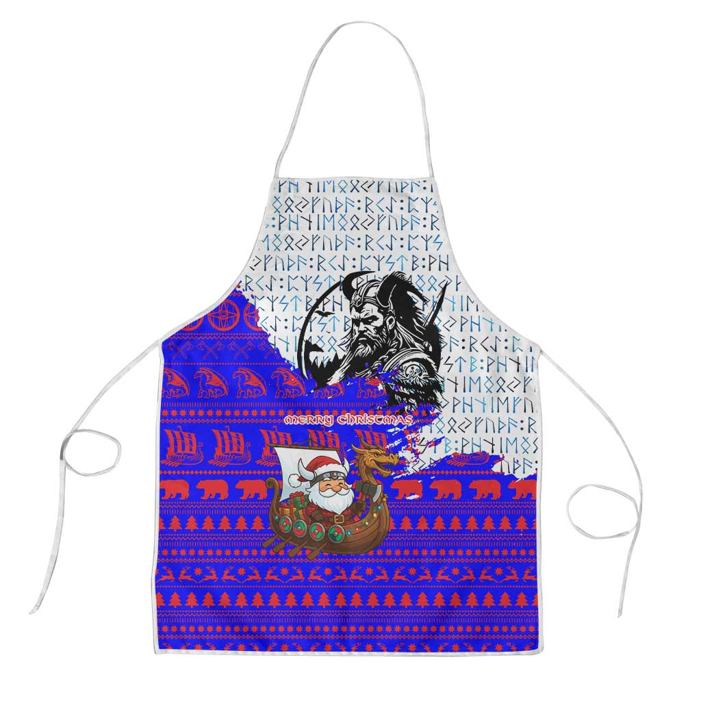 Viking Christmas Apron with Santa in Longship Dragon Head Helmet Runes Blue Red Knit Pattern Design - Wonder Print Shop