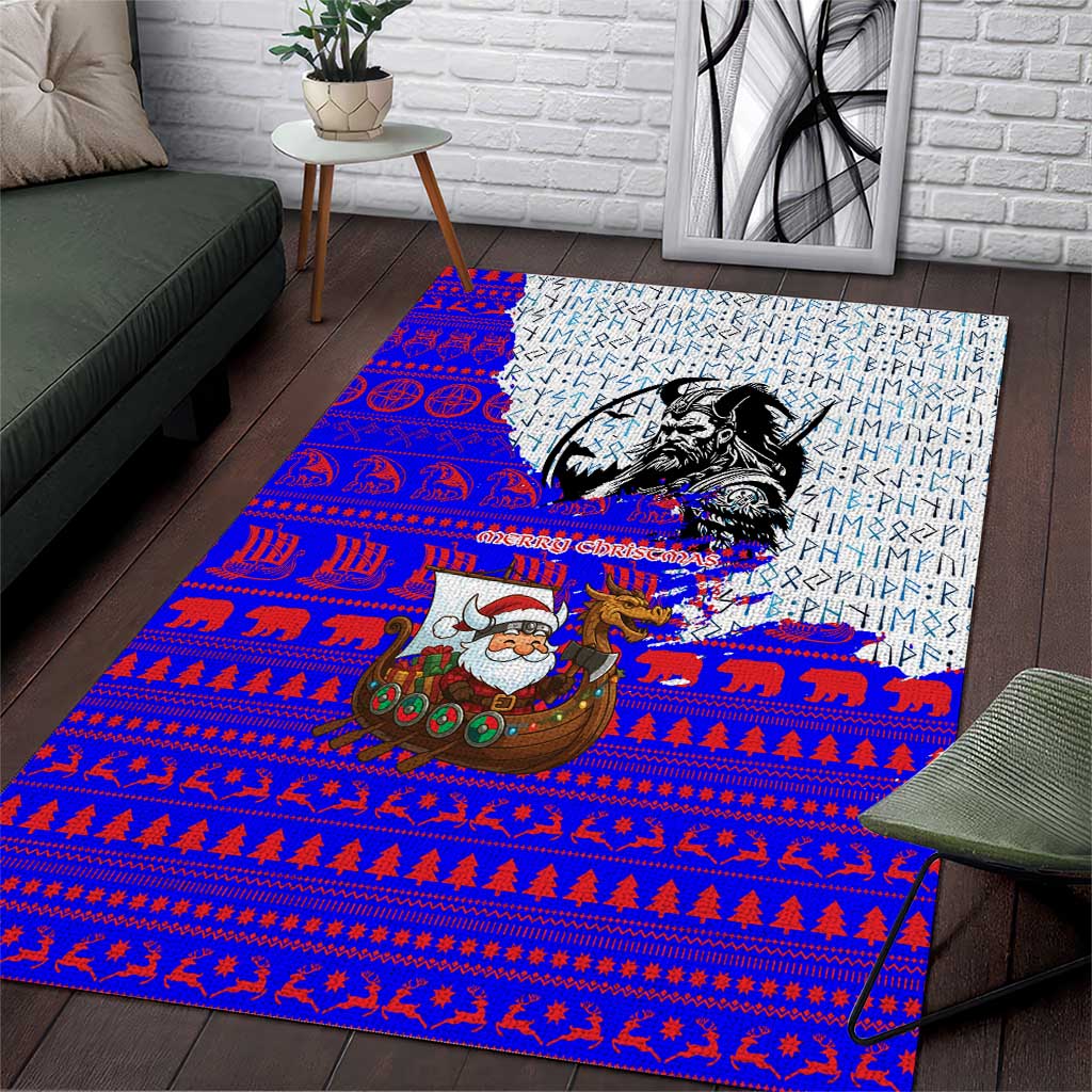 Viking Christmas Area Rug with Santa in Longship Dragon Head Helmet Runes Blue Red Knit Pattern Design - Wonder Print Shop