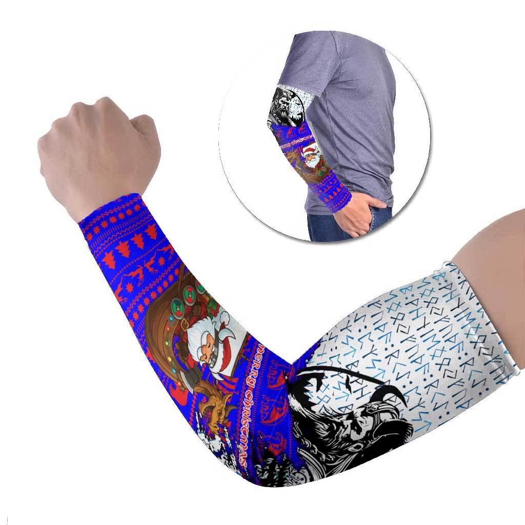 Viking Christmas Arm Sleeves with Santa in Longship Dragon Head Helmet Runes Blue Red Knit Pattern Design - Wonder Print Shop