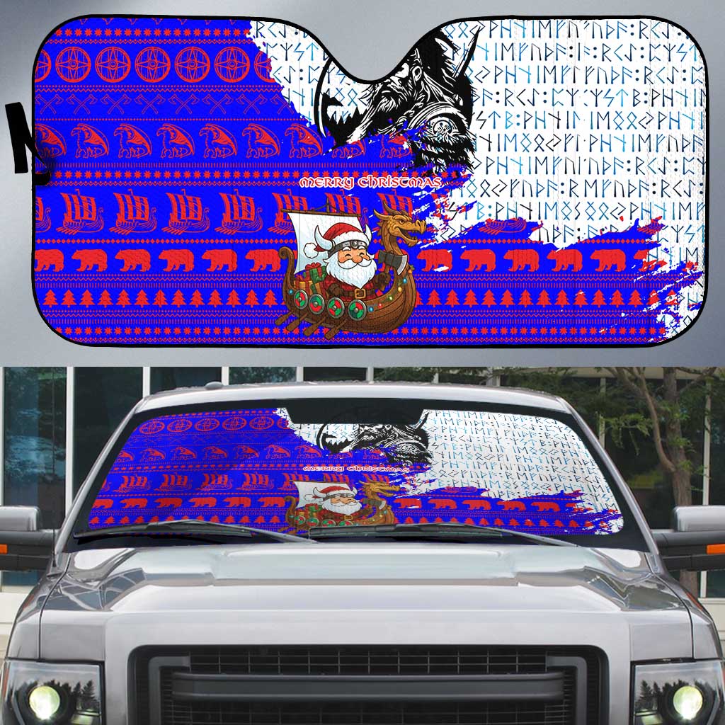 Viking Christmas Auto Sun Shade with Santa in Longship Dragon Head Helmet Runes Blue Red Knit Pattern Design - Wonder Print Shop