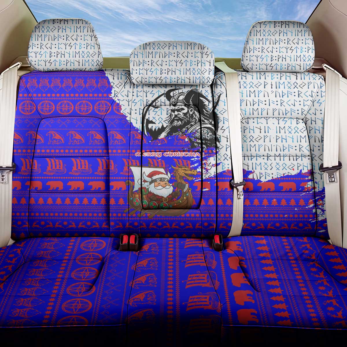 Viking Christmas Back Car Seat Cover with Santa in Longship Dragon Head Helmet Runes Blue Red Knit Pattern Design - Wonder Print Shop