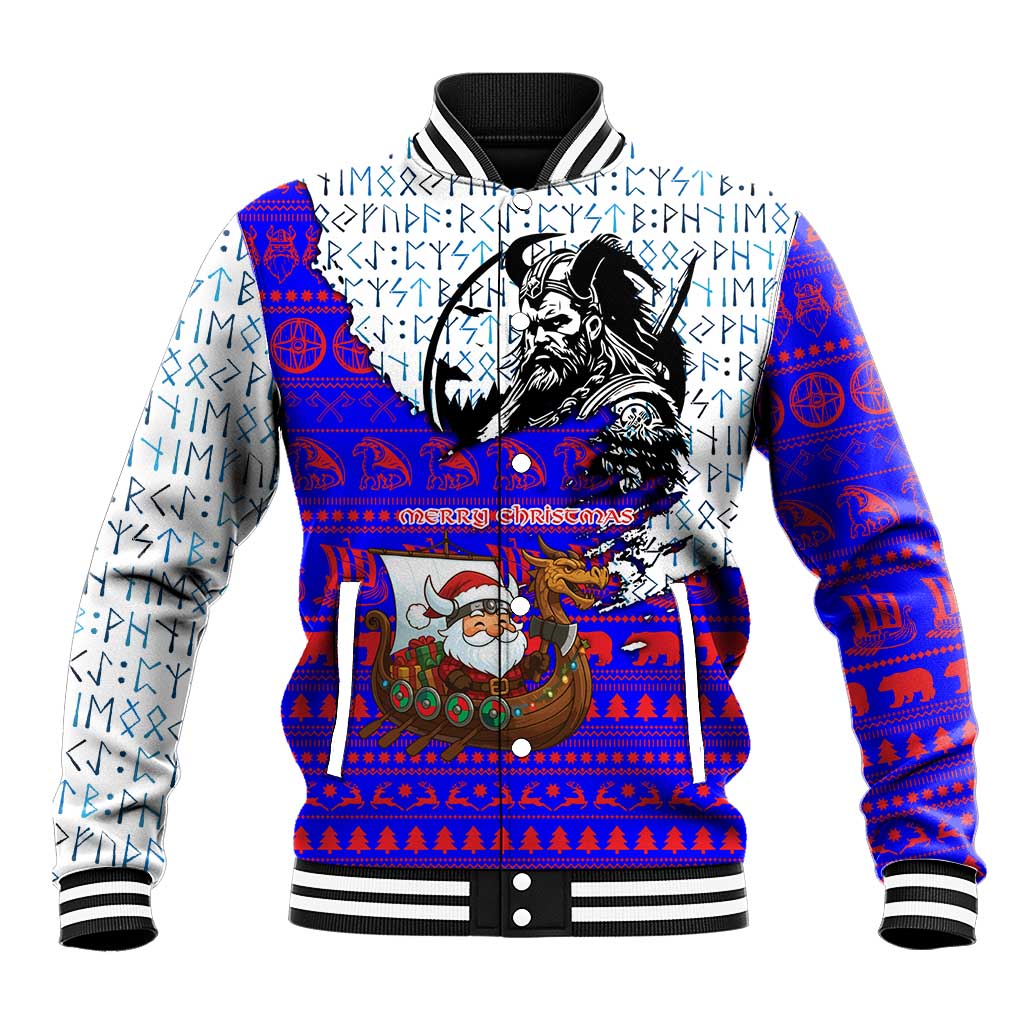 Viking Christmas Baseball Jacket with Santa in Longship Dragon Head Helmet Runes Blue Red Knit Pattern Design - Wonder Print Shop