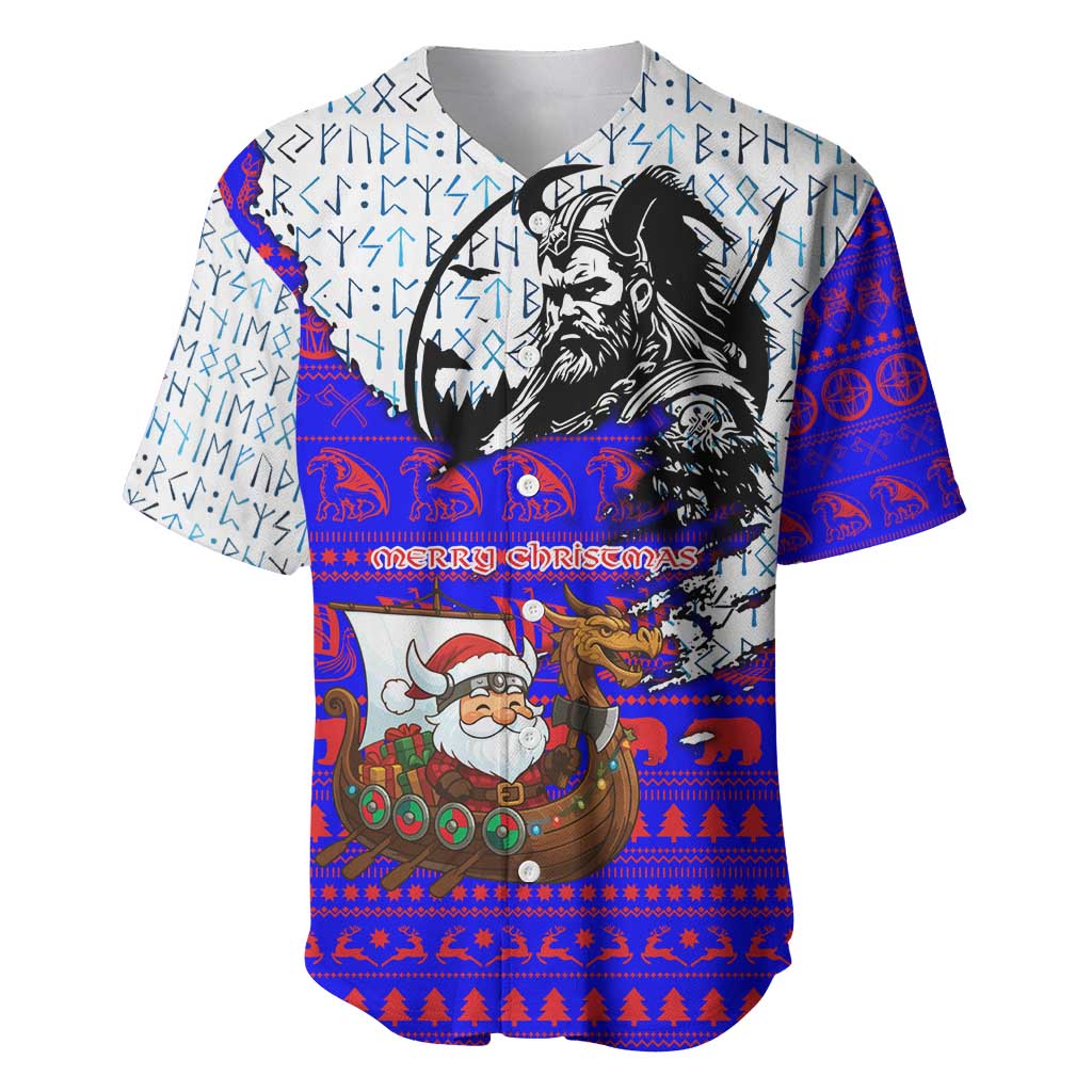 Viking Christmas Baseball Jersey with Santa in Longship Dragon Head Helmet Runes Blue Red Knit Pattern Design - Wonder Print Shop