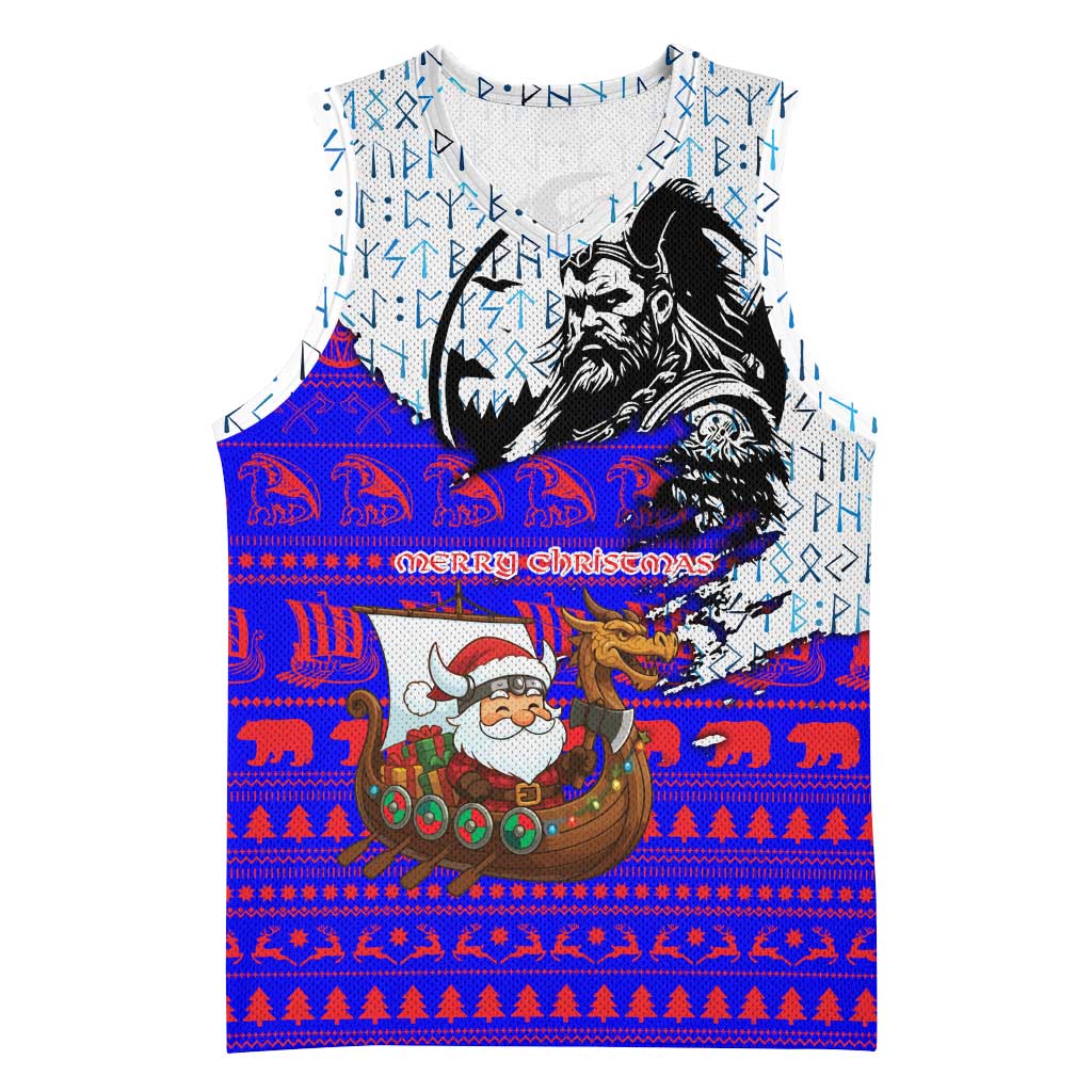 Viking Christmas Basketball Jersey with Santa in Longship Dragon Head Helmet Runes Blue Red Knit Pattern Design - Wonder Print Shop