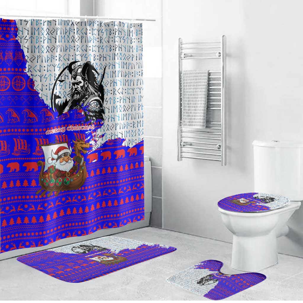 Viking Christmas Bathroom Set with Santa in Longship Dragon Head Helmet Runes Blue Red Knit Pattern Design - Wonder Print Shop