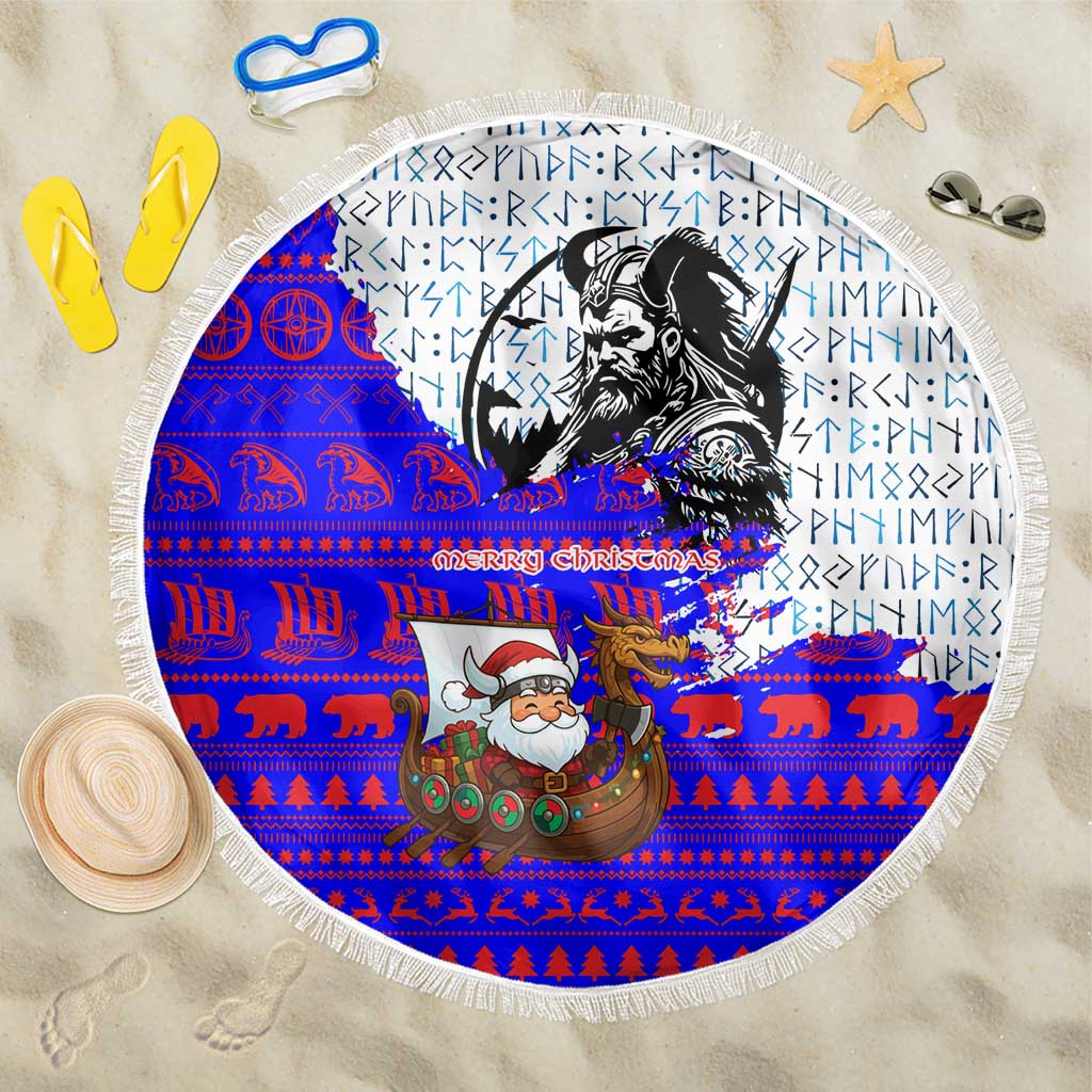Viking Christmas Beach Blanket with Santa in Longship Dragon Head Helmet Runes Blue Red Knit Pattern Design - Wonder Print Shop