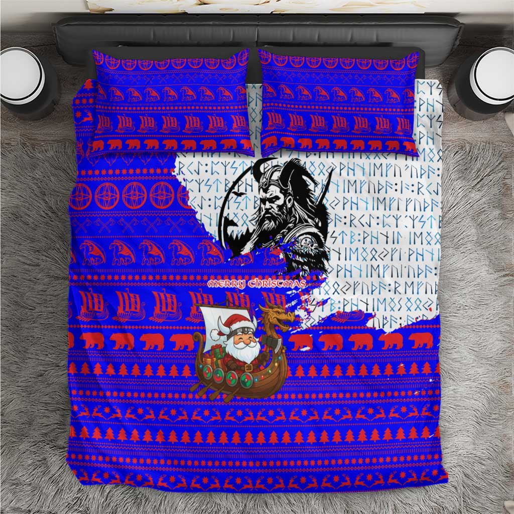 Viking Christmas Bedding Set with Santa in Longship Dragon Head Helmet Runes Blue Red Knit Pattern Design - Wonder Print Shop