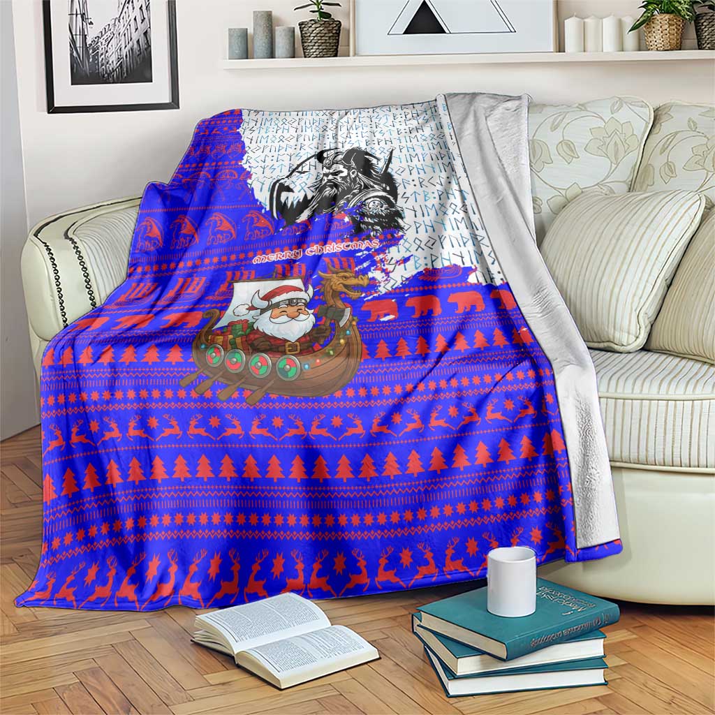 Viking Christmas Blanket with Santa in Longship Dragon Head Helmet Runes Blue Red Knit Pattern Design - Wonder Print Shop