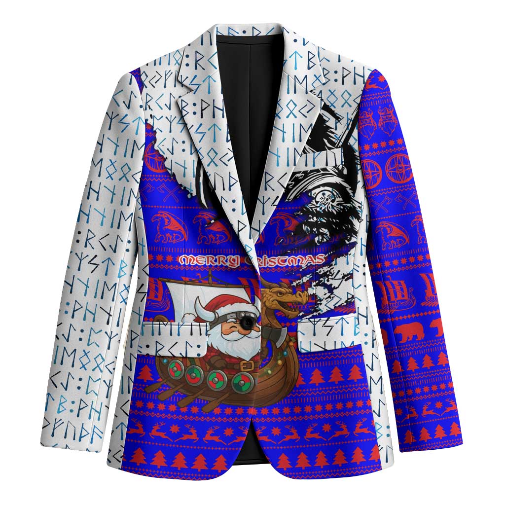 Viking Christmas Blazer with Santa in Longship Dragon Head Helmet Runes Blue Red Knit Pattern Design - Wonder Print Shop