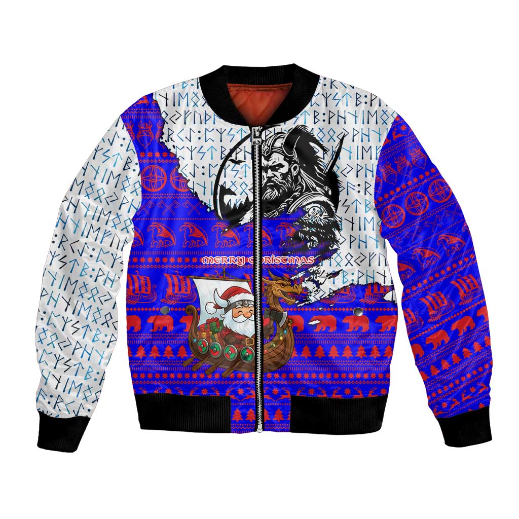 Viking Christmas Bomber Jacket with Santa in Longship Dragon Head Helmet Runes Blue Red Knit Pattern Design - Wonder Print Shop