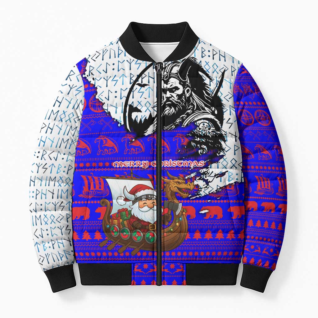 Viking Christmas Bomber Puffer Jacket with Santa in Longship Dragon Head Helmet Runes Blue Red Knit Pattern Design - Wonder Print Shop