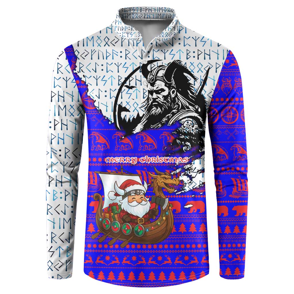 Viking Christmas Button Sweatshirt with Santa in Longship Dragon Head Helmet Runes Blue Red Knit Pattern Design - Wonder Print Shop