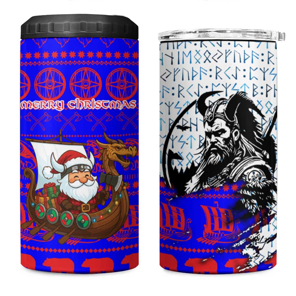 Viking Christmas 4 in 1 Can Cooler Tumbler with Santa in Longship Dragon Head Helmet Runes Blue Red Knit Pattern Design - Wonder Print Shop
