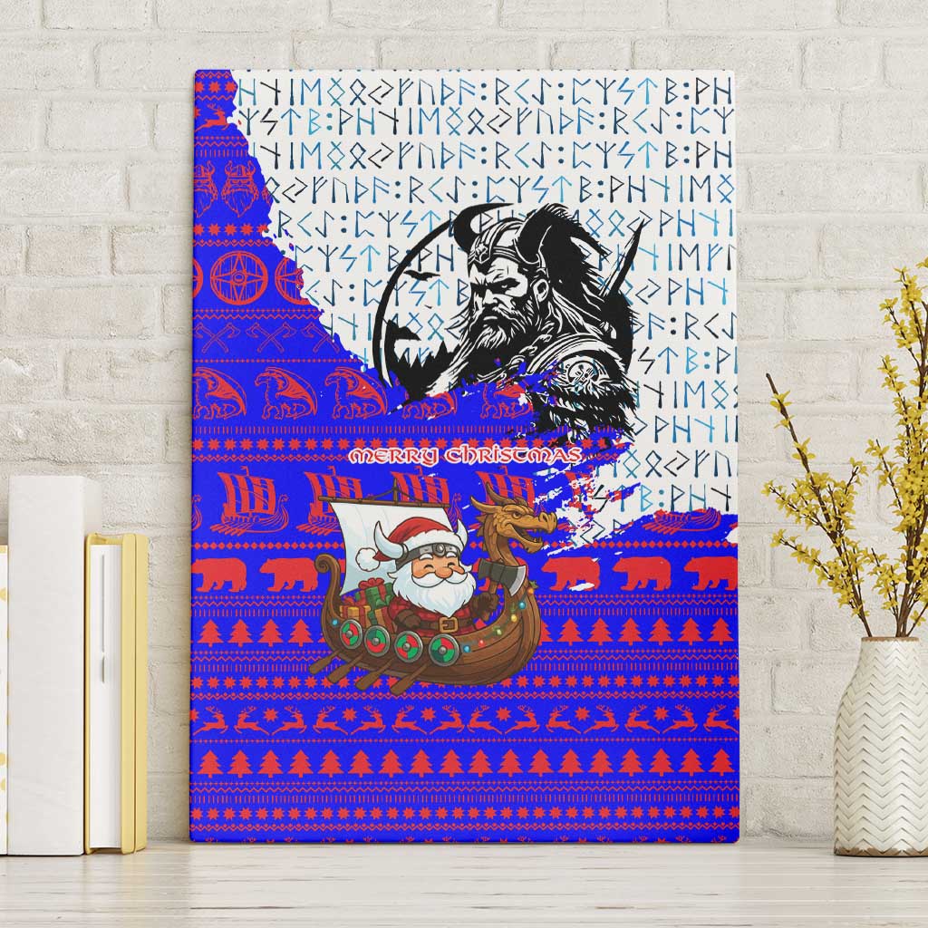 Viking Christmas Canvas Wall Art with Santa in Longship Dragon Head Helmet Runes Blue Red Knit Pattern Design - Wonder Print Shop